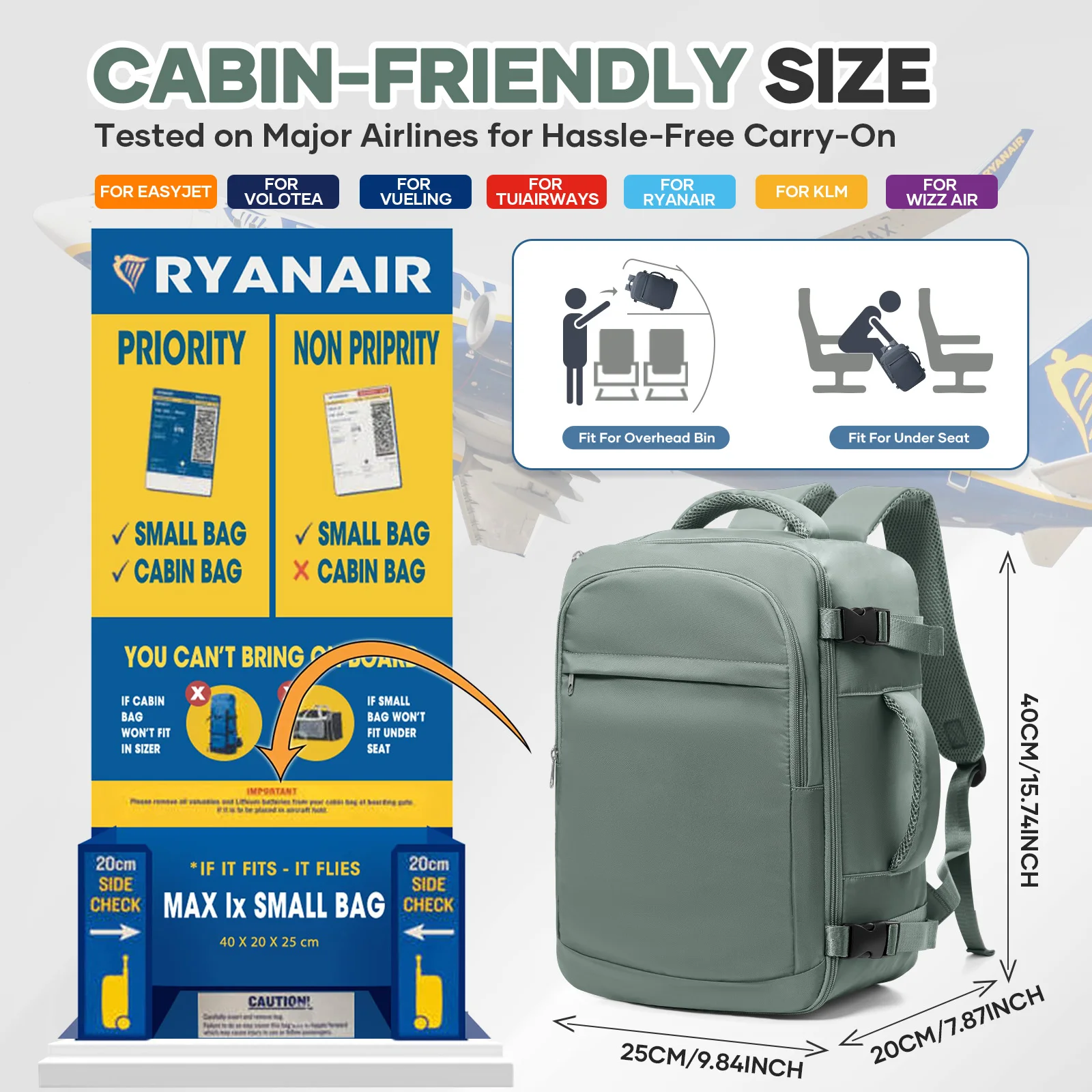 Travel Backpack for Ryanair 40x20x25 Cabin Bag, 40x30x20 for Carry-On Luggage Put Under Seat，Laptop Bag for Men, Cosmetic Bag