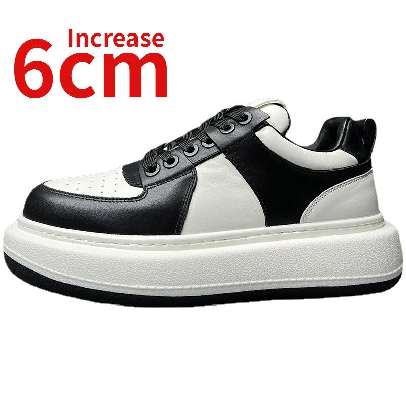 

European/American Original Design Men Sports Shoes Increase 6cm Thick Soles Leather Panda Shoes Leather Elevator Board Shoes Man