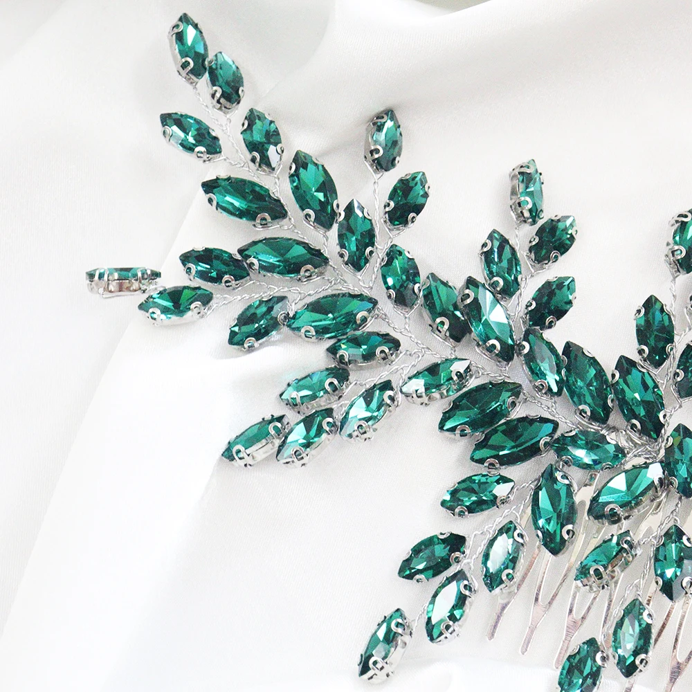 Luxury Green Full Rhinestones Headbands Women Hair Jewelry for Bride Headdress Tiaras Wedding Hair Comb Party Accessories