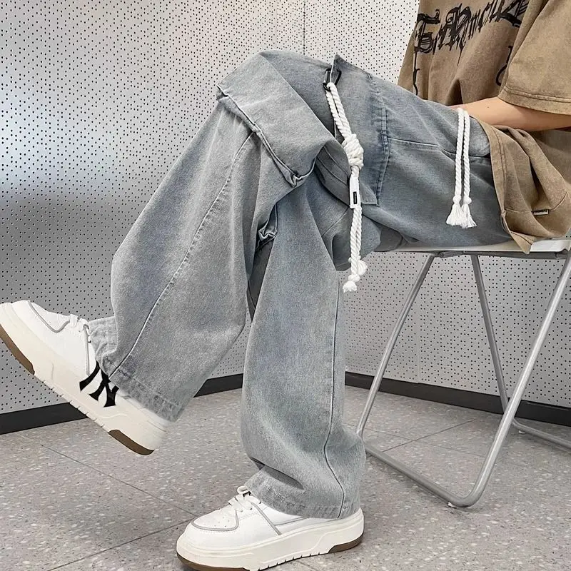 

Autumn Korean Fashion Jeans Men's Clothing Plus Size Spring High Street Wide Leg Big Pocket Straight Cargo Pants Casual Trousers