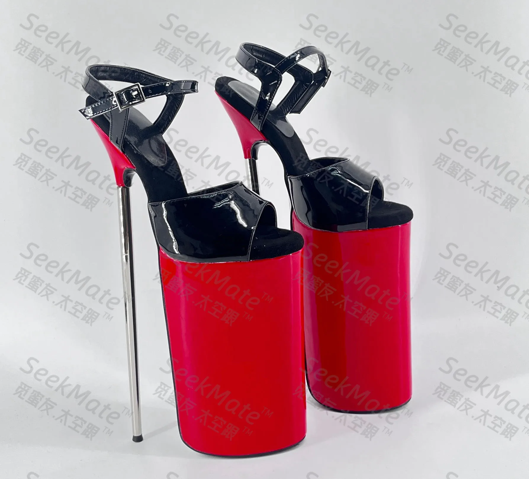 Seek Mate European and American New Ultra High Slim Heel 30 cm Steel Heel Red and Black Contrast Lacquer Leather Large Open Toe