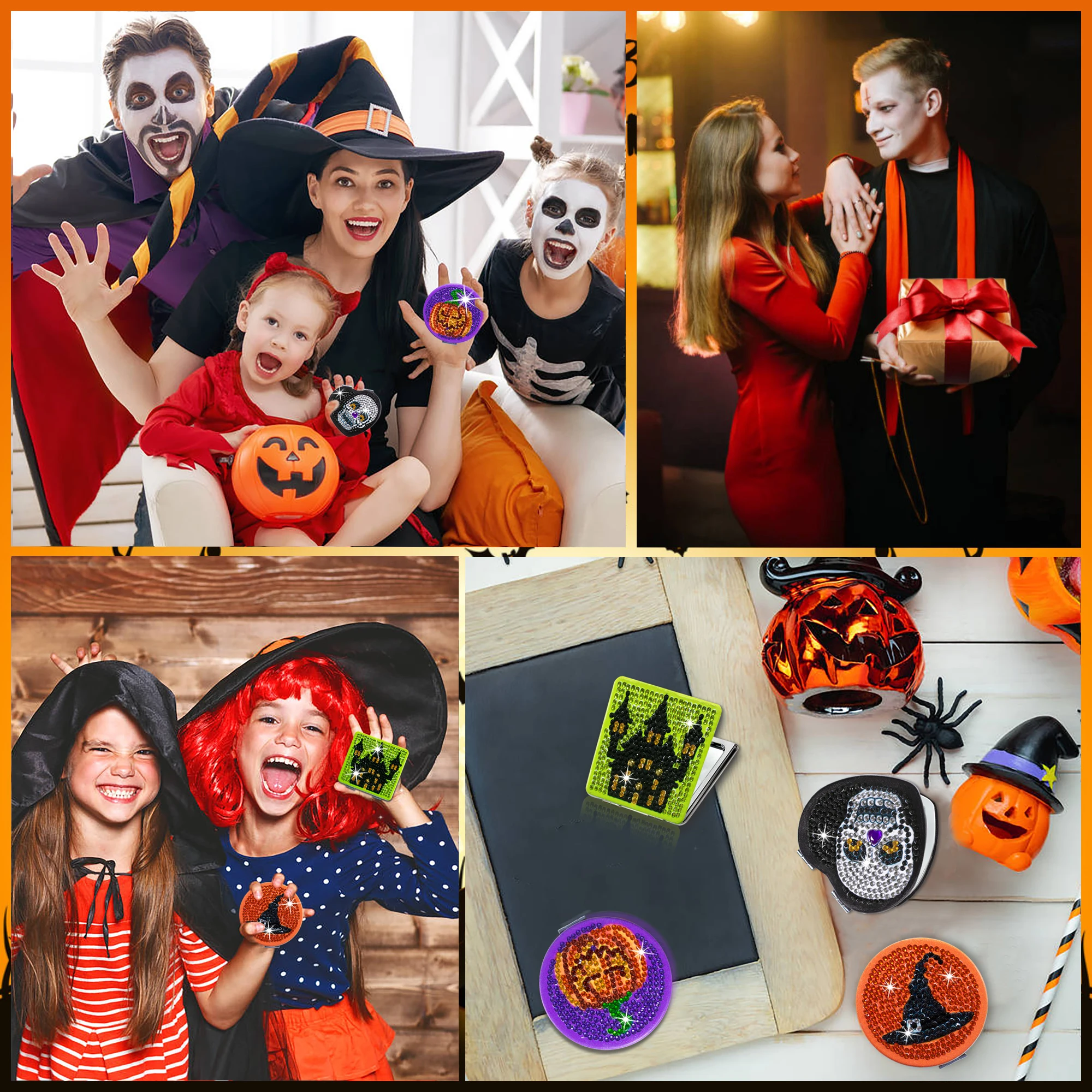 1pc/Set DIY Halloween Diamond Art Mirror Compact 4 Styles Portable Folding PU Leather Diamond Painting Pocket Mirror for Women