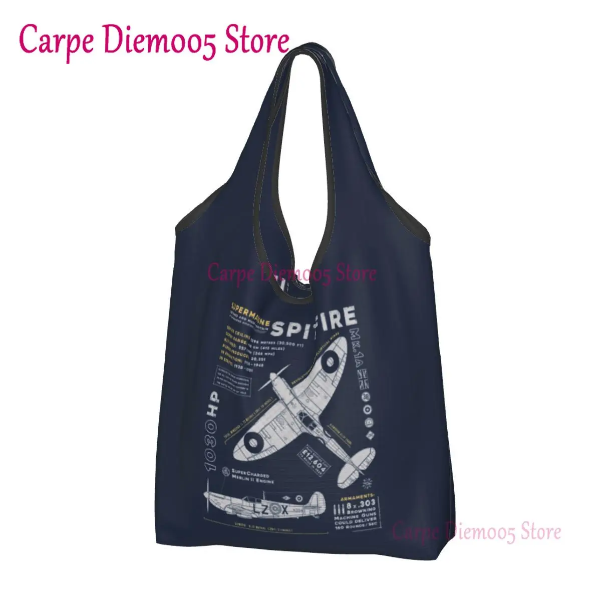 

Fashion Printing Supermarine Spitfire Shopping Tote Bag Portable Shopper Shoulder Fighter Pilot Aircraft Airplane Plane Handbag