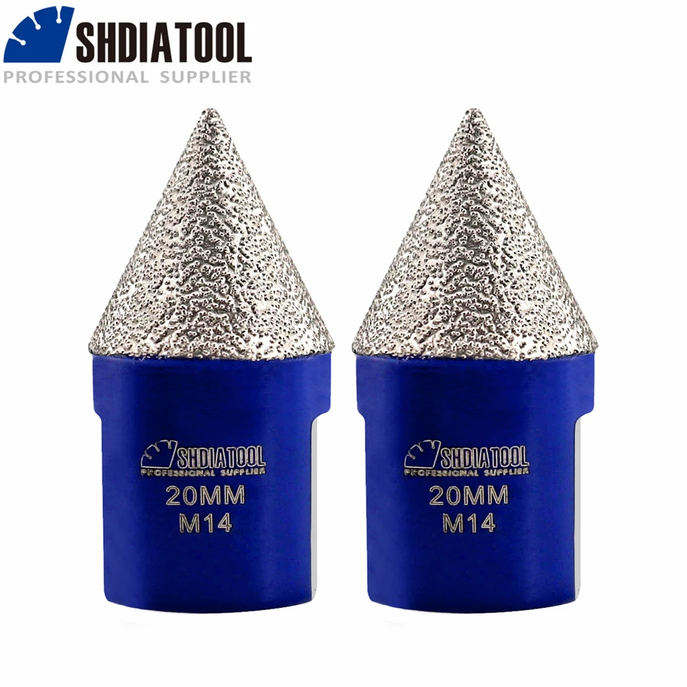 SHDIATOOL 2pcs Dia 20mm M14 Thread Vacuum Brazed Diamond Chamfer Bits Milling Bits for Tile Stone Ceramic for holes trimming