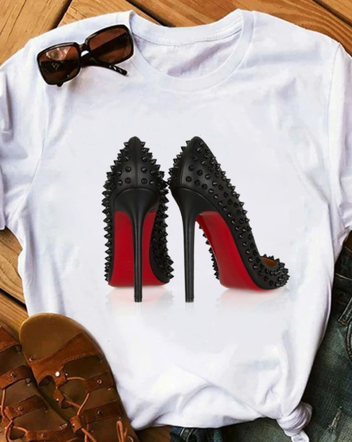 

Women's T-Shirt 2024 Summer Fashion Graphic Studded Heels Print O-Neck Casual Short Sleeve Daily T-Shirt Top Y2K Clothes