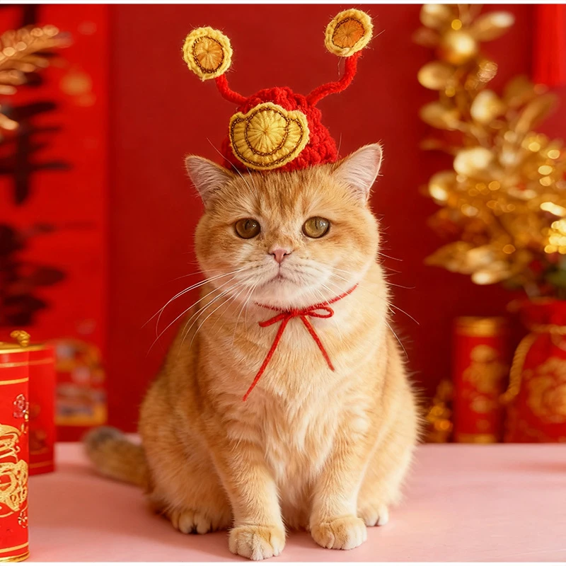 Handgewebte Haustiermütze aus Wolle, Neujahrshund, Schal, Zubehör, dicke und warme Katzenmütze, niedliche Haustier-Neujahrsdekoration – Detail 9