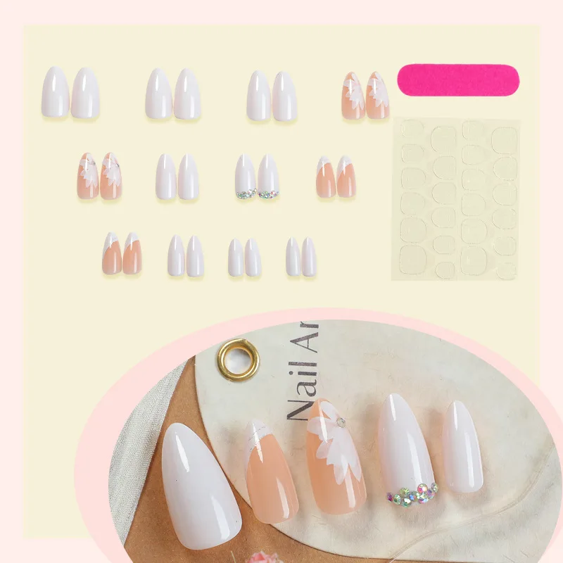 24pcs/1box False Nails with Marble Lines White Almond Shape Medium Length Skin-brightening Pressable Nails Suitable for Girls 2 24pcs/1box False Nails with Marble Lines White Almond Shape Medium Length Skin-brightening Pressable Nails Suitable for Girls - Image 2
