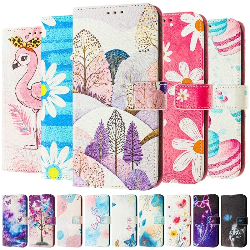 Leather Flip Wallet Phone Case with Magnetic Closure and Artistic Design