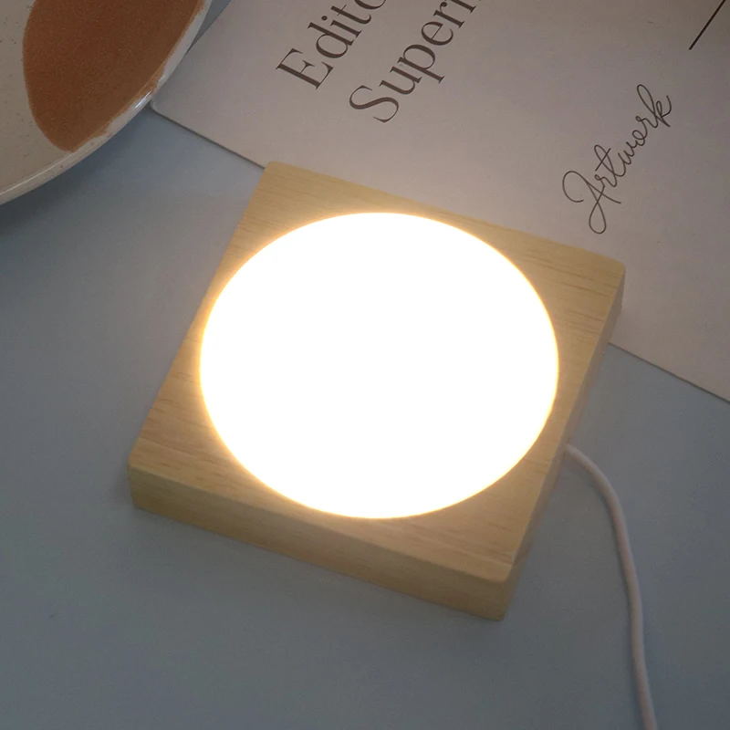 나무 LED 야간 조명 베이스 사각형 원형 USB 아트 장식 디스플레이 스탠드, 크리스탈 유리 공 장식