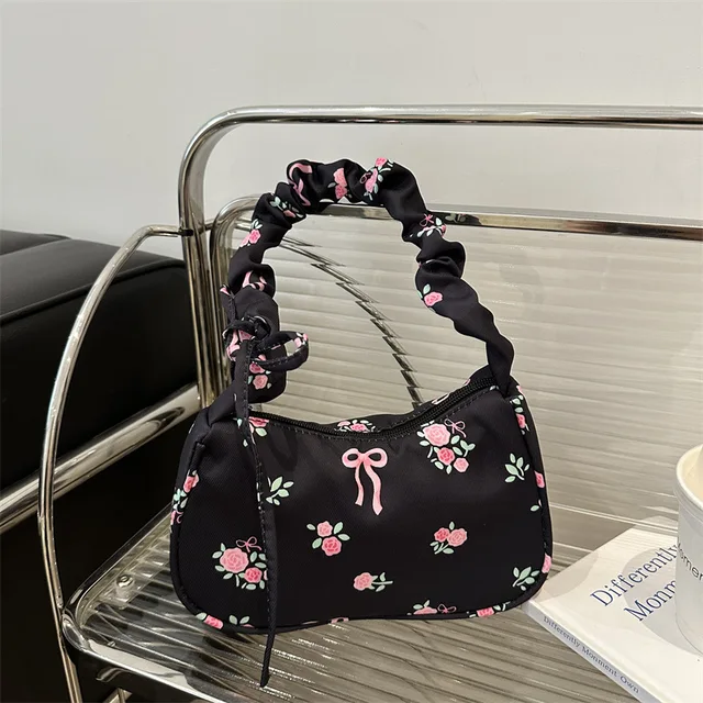 Sac en toile à fleurs douces et douces pour femmes, sac à bandoulière avec cordon de serrage, haute beauté, nœud à fleurs cassées, nouvelle collection 2025 1
