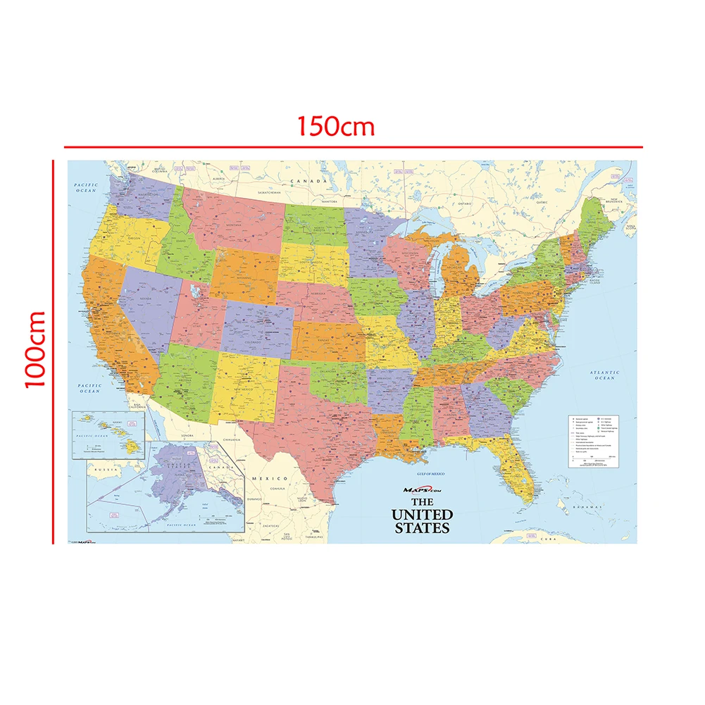 Map of The United States with Details Non-woven Canvas Painting Wall Art Poster 150*100cm School Supplies Home Decoration