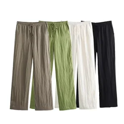 Women 2024 New Fashion Side Pockets decoration Casual Draped Straight Pants Vintage High Elastic Waist Female Trousers Mujer