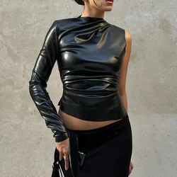 Y2K Black One - Shoulder Long Sleeve Aesthetic Top - S (Black Y2k Top)