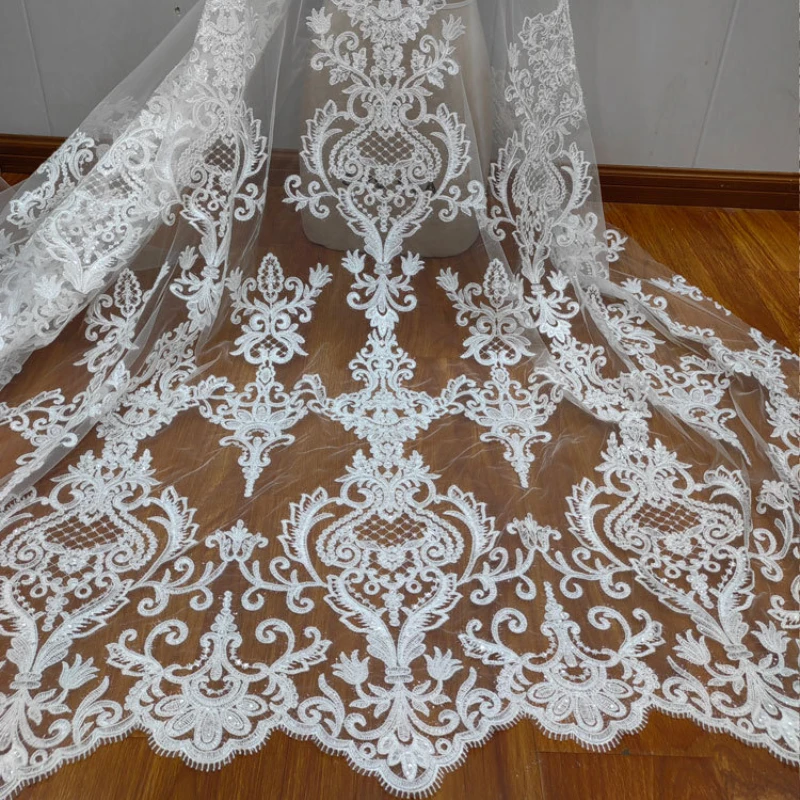 

Simple White Sequin Embroidery Lace Fabric for Wedding Veil Dress DIY Accessories