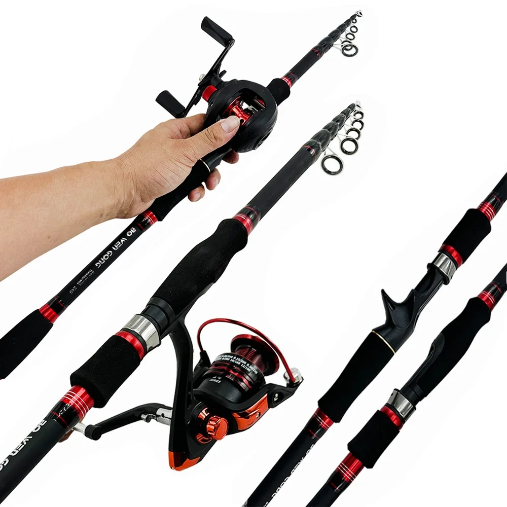 Carbon Telescopic Lure Fishing Reel Rod Kit 1.8/2.1/2.4/2.7m Casting Rod  and aitcasting Reel Spinning Coil Set Bass Trout Pesca