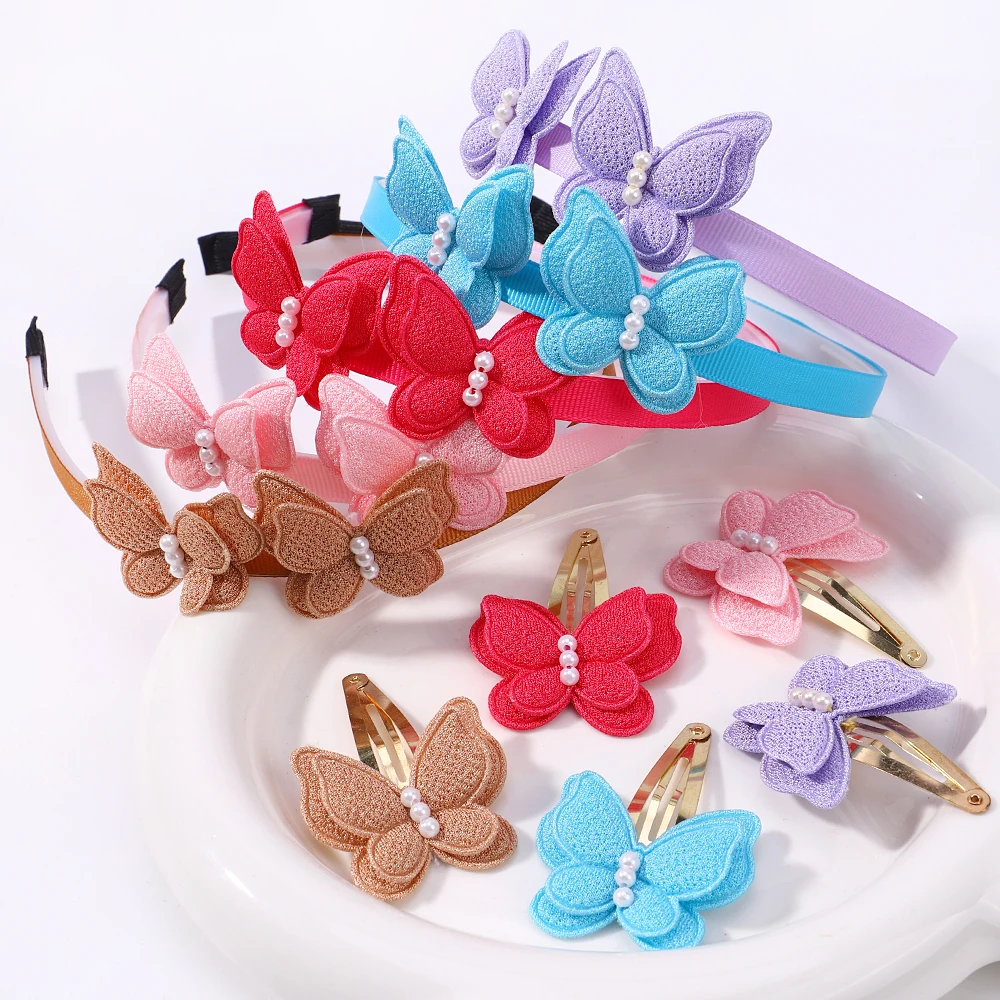 RAINBOW BOWS Girls Delicate Hair Band Hair Clips Set Solid Butterfly Imitation Pearl Hair Hoop BB Clip Headwear Gift Sets
