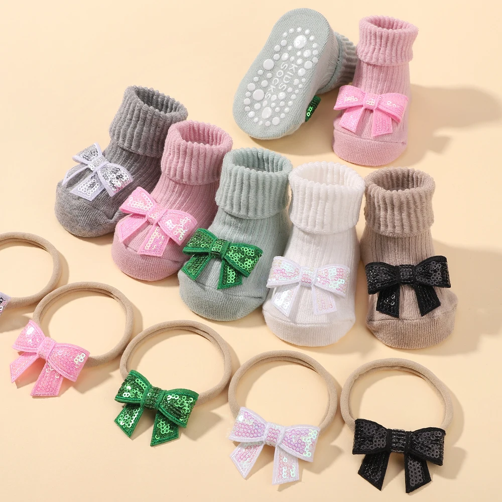 

0-1 Y Old Sequined Bow Baby Socks Headband Set Infants Toddlers Cute Non-slip Breathable Socks Newborn Headband Gift Photo Props