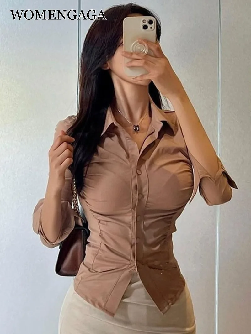 WOMENGAGA Single-breasted Waist Shirt Women Tight Slim Long-sleeve Korea Body Chest Sweet Women Blouse Tops L8WK