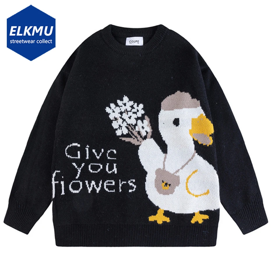 

Duck Graphic Knit Sweater Men Streetwear Oversized Hip Hop Sweater Fall Winter Black Casual Harajuku Pullover Sweater Jumper Y2K