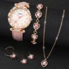 6pcs/Set Women's Flower Quartz Skin Leather Watch Strap Jewelry Set 2