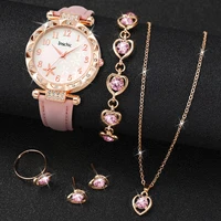 6pcs/Set Women's Flower Quartz Skin Leather Watch Strap Jewelry Set 2