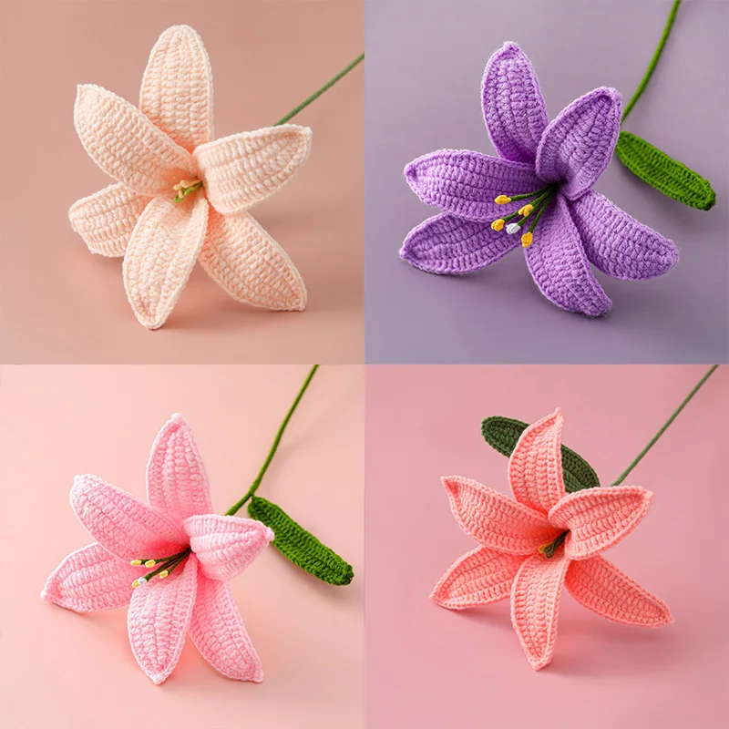 Artificial Flowers Wool Crochet Lily Flower Branch Hand-Knitted Flower Bouquet Hand Woven Party Knitted Flowers for Home Wedding