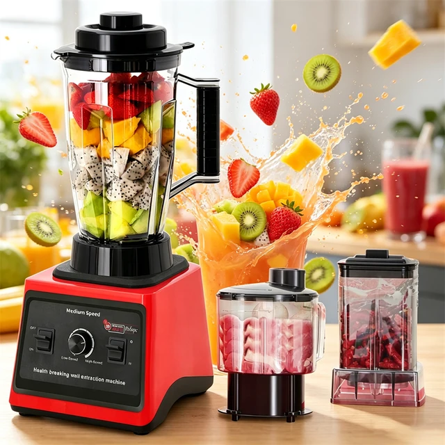 Blender électrique 3 en 1, 9500W, haute puissance, robot culinaire commercial, pour smoothies glacés, jus, 3L+1. Conteneur 5l+0.5L 1