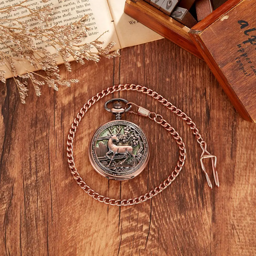New Animal Machinery Pocket Watch Luminous Pocket Watch  Bronze Necklace Deer Carved Exquisite Clock Watch Fob Christmas Gift