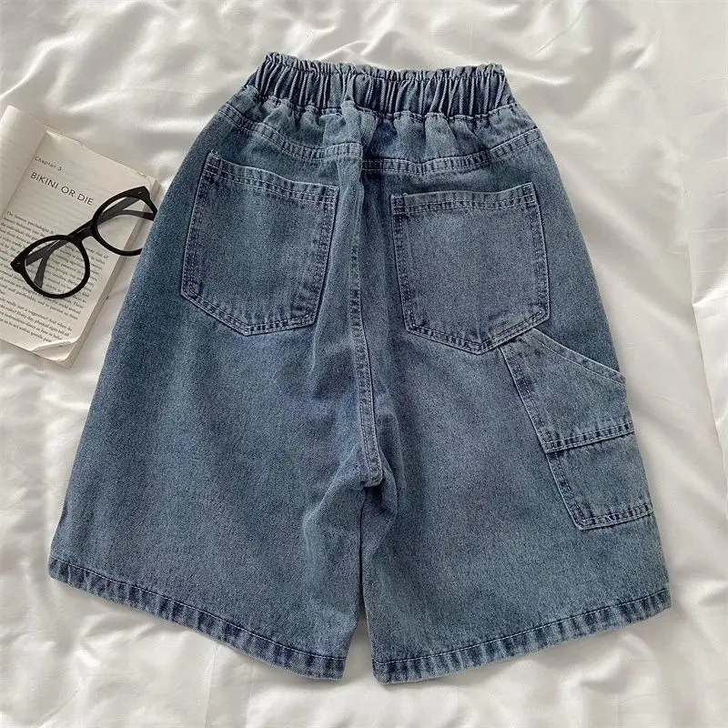 Summer New Elastic Waist Fashion Denim Shorts Women High Street Printing Cotton Pockets Patchwork Ventilate Wide Leg Trousers