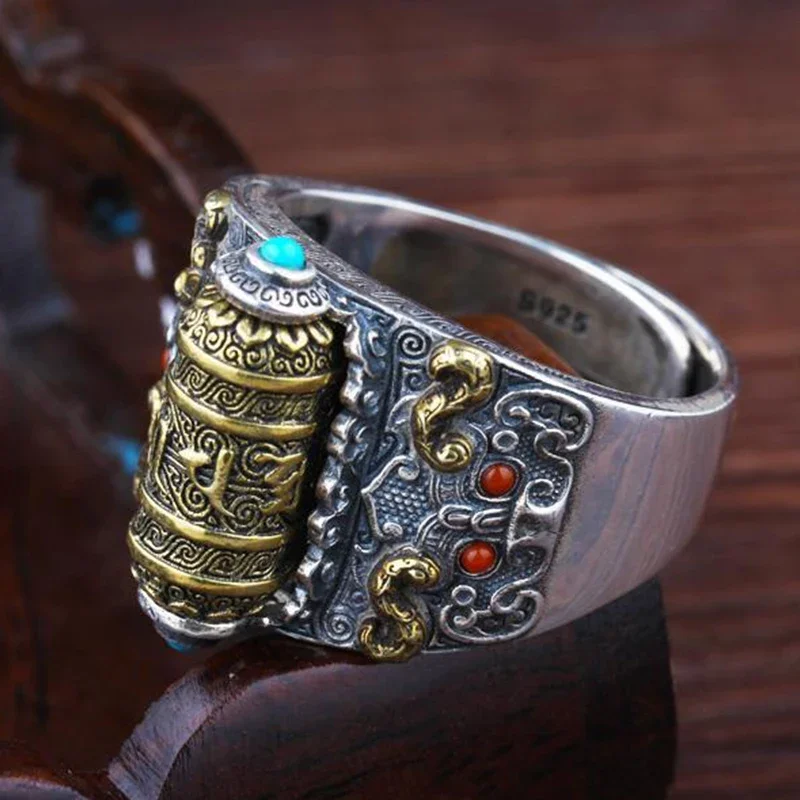 QN Lucky Spell Pure Silver Men's Rotatable Ring Trendy Retro Color