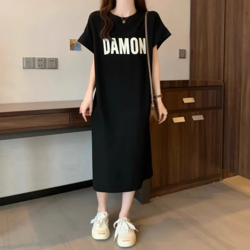 Women's Loose Letter Print T-Shirt Dress Summer Casual Short Sleeve Midi Dress Oversized Streetwear Female Long Dress 5