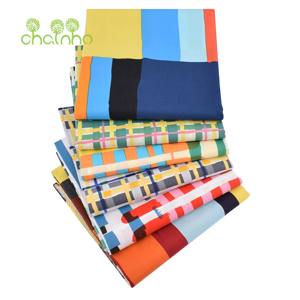 Chainho,Reactive Printed Plain Cotton Fabric,60S Ｇeometry Style Poplin Material For DIY Quilting Sewing Children's Shirt,Dresses