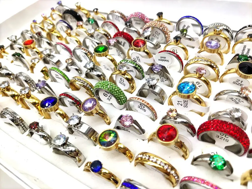 50pcs/lot Luxury Exquisite Multi-Colored Zircon Mix Stainless Steel Ring Men Women Wedding Ring Wholesale Bulk Jewelry Lot 6