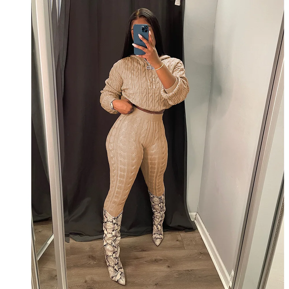 Women Sweater Set Autumn Winter Casual Knitted Long Sleeve Hoodie And Pants Set 2 Piece Set Lounge Wear Sweater Women Outfits