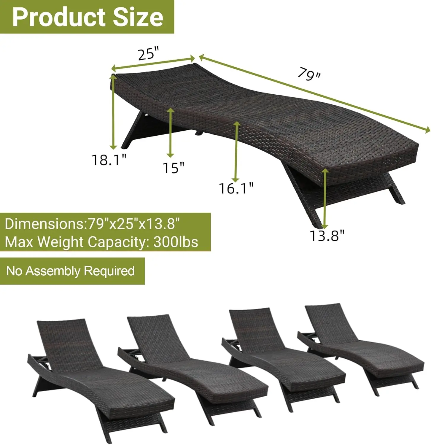 79'' Long Reclining Chair Set of 2 Cushions, PE Wicker Chaise Lounge for Beach/Poolside/Garden, Brown