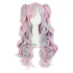 Vibrant Ombre Two - Tone Long Wavy Cosplay Wig with Ponytails (Pink and blue)