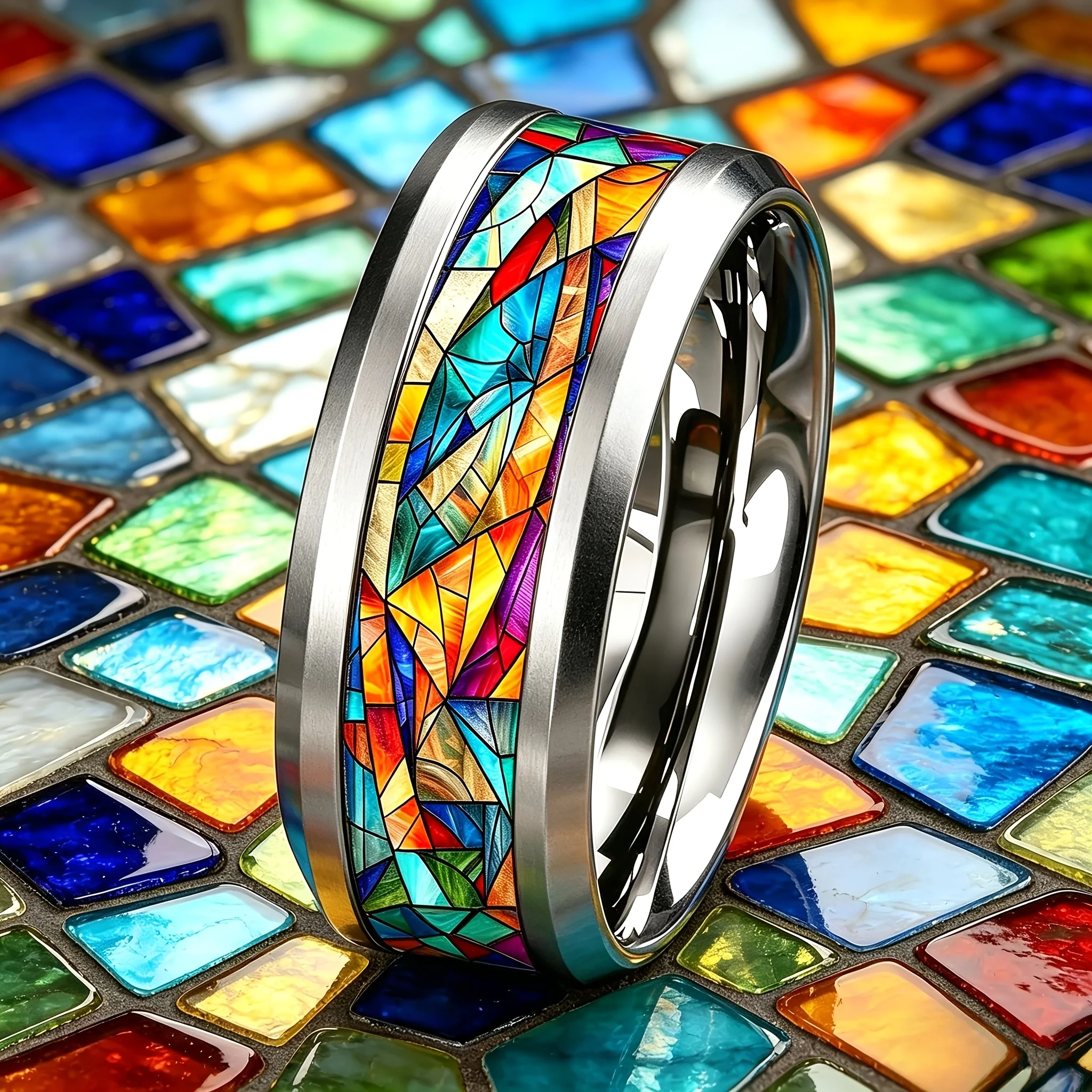 Anello con motivo in vetro colorato scintillante, anelli in acciaio inossidabile stile bohémien per donne, uomini, studenti, fedi nuziali, gioielli, regali