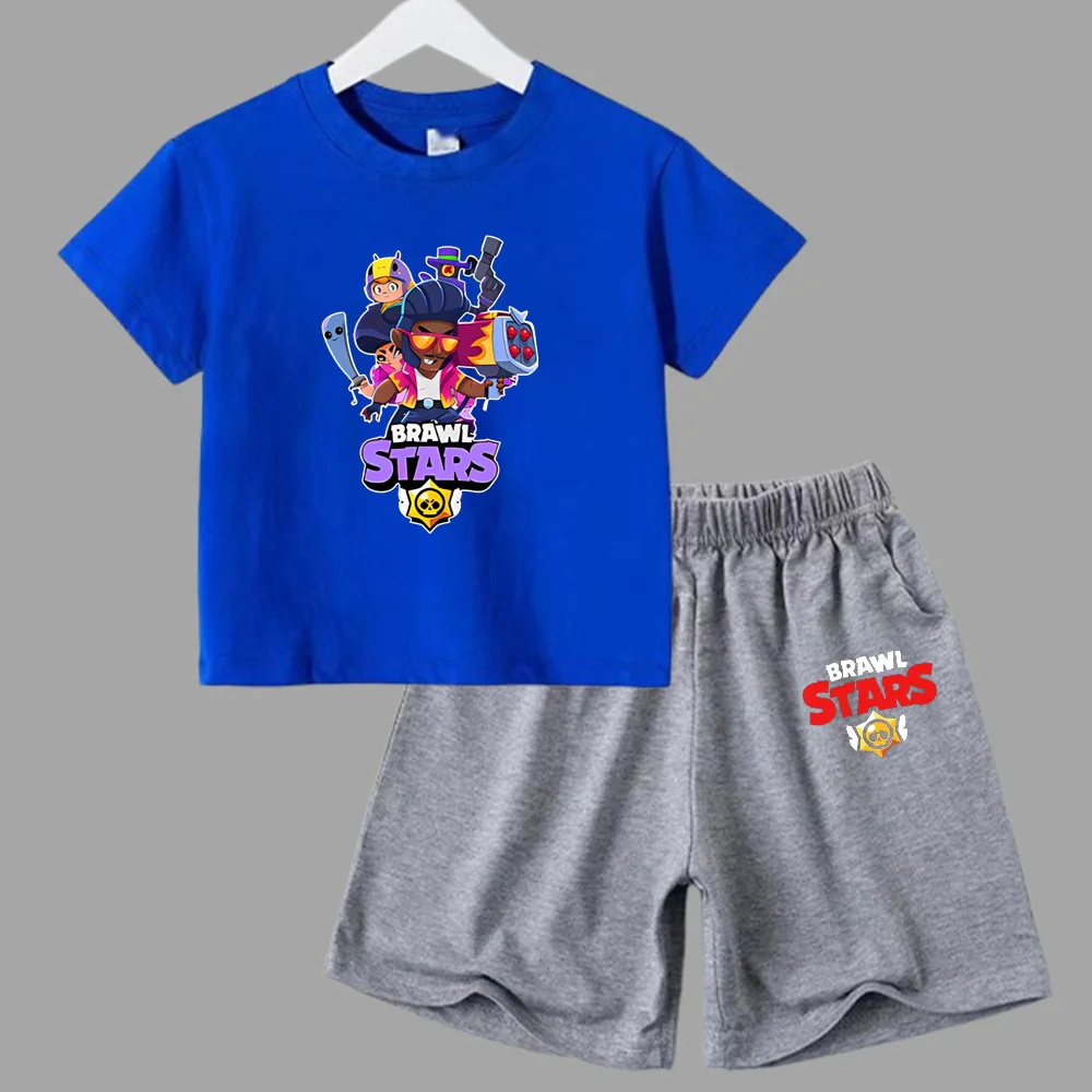thumbnail image 1 of Conjunto de 2 piezas de camiseta de manga corta y pantalones cortos con estampado de anime de verano para niños y niñas, ropa informal de cuello redondo, 1 of 5