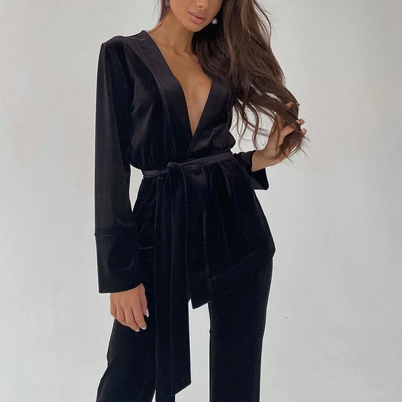 plus size pant suits for weddings Women Spring New Retro Soft Simple Velvet Texture Casual Trousers Sets Female Solid Color V-neck Lace-up Slim Gold Velvet Suits womens black suit set Suits & Blazers