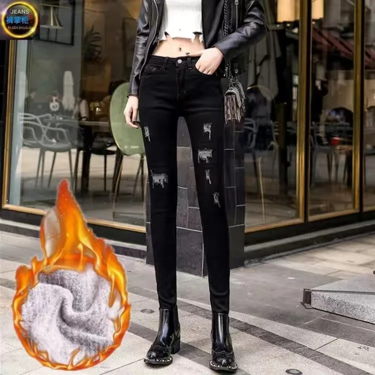 

Plus Size Light Blue Ripped Jeans for Women Street Style Sexy Mid Rise Distressed Trouser Stretch Skinny Hole Denim Pencil Pants