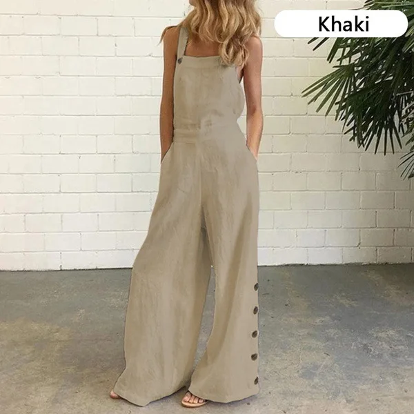 

Women Jumpsuit Summer Sleeveless Causal Loose Playsuit Overall White Wide Leg Pockets Jumpsuits Mono Mujer Verano Combinaison