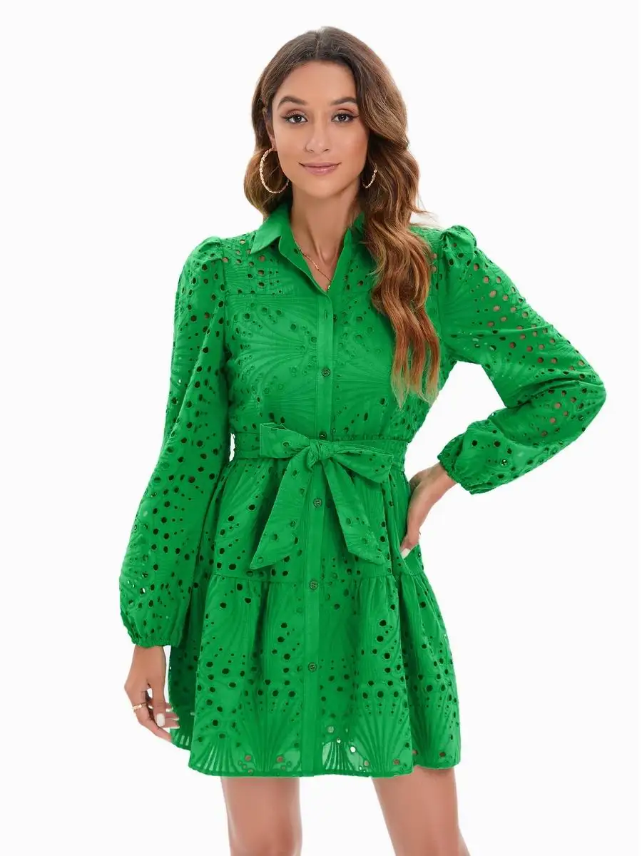 Summer Dress Women 2022 New Clothes Hollow Out Sleeve High Quality Embroidery Green Lace With Lining Side Feminino Mini Vestidos