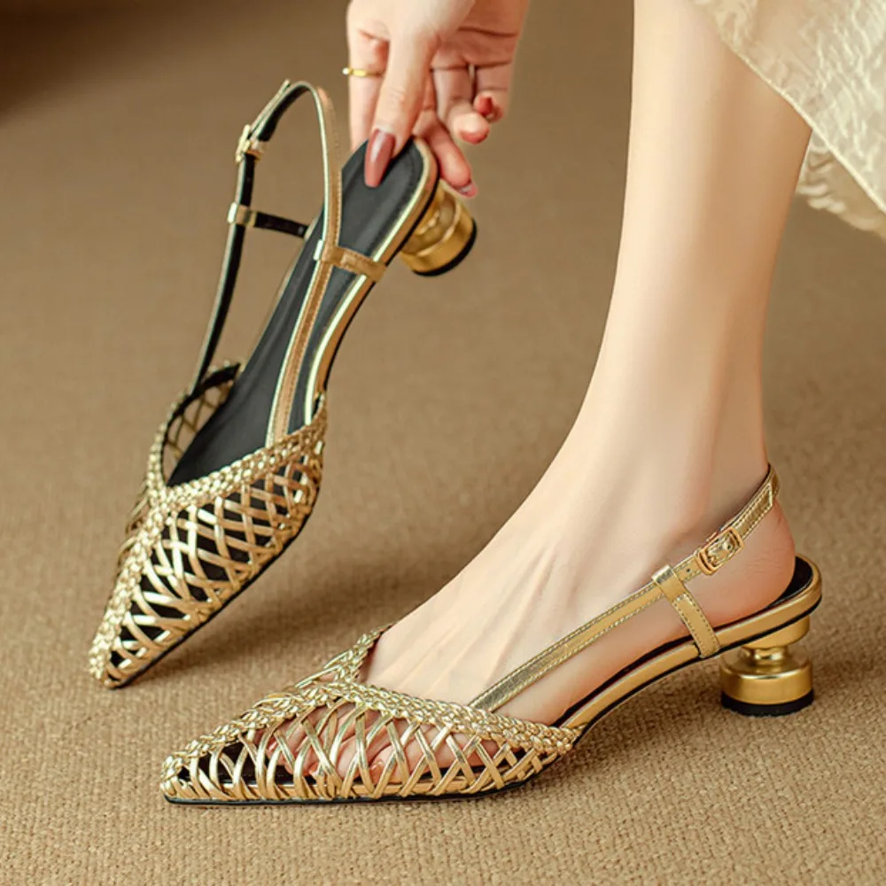 Brand Designer Sexy Slingbacks High Heels Pumps Women Gold Silver Pointed Toe Party Shoes Summer Round Heeled Sandals High Heels