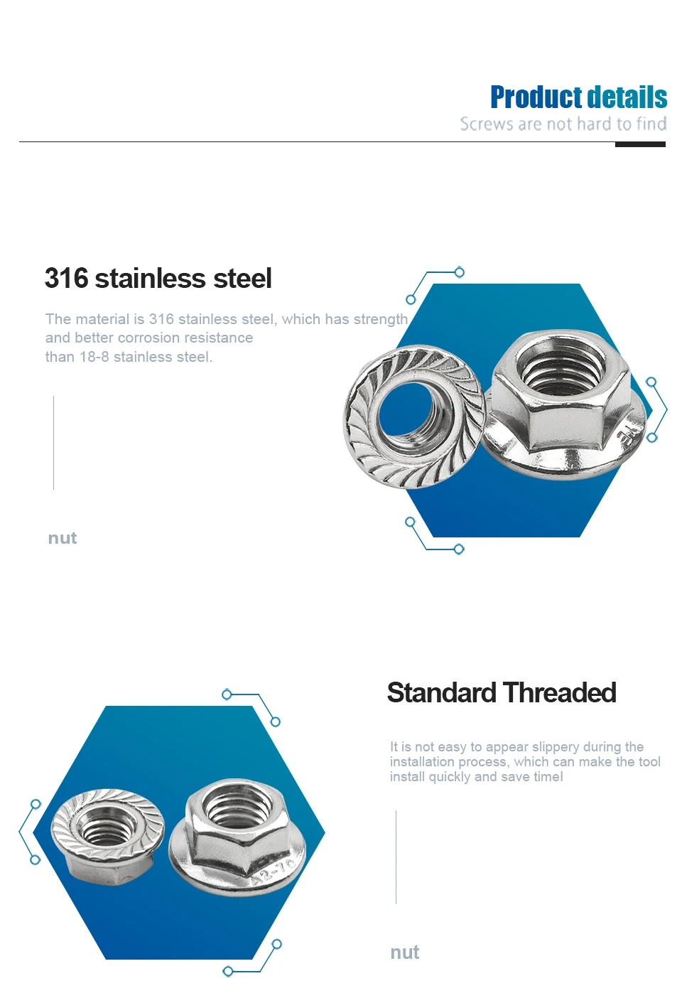 Description Picture 6 of itemNINDEJIN 1-20pcs Hex Hexagon Flange Nut M4 M5 M6 M8 M10 M12 M14 316 Stainless Steel Serrated Metric Hex Flange Lock Nuts DIN6923