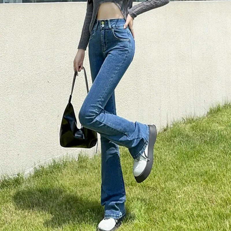 여성용 데님 청바지, 한국 플레어 팬츠, 블랙 스트레치 디자인, 섹시한 하이 퀄리티 코튼, 하이웨이스트 바지, 신상