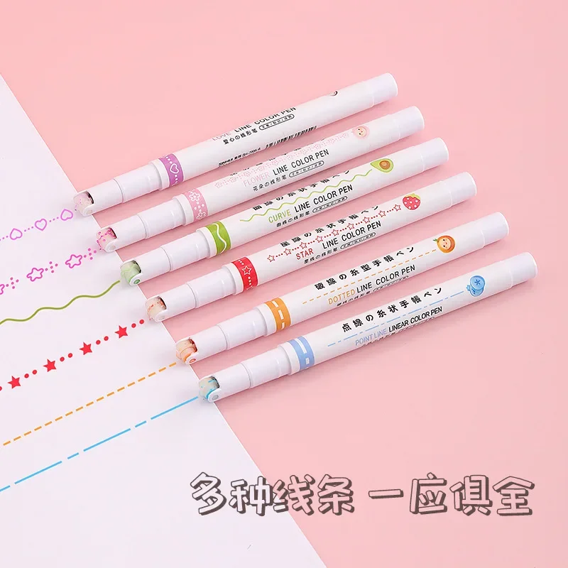 6pcs 곡선 웨이브 라인 아트 마커 펜 세트 컬러 러브 스타 클라우드 포인트 스탬프 라이너 형광펜 그리기 일기 학교