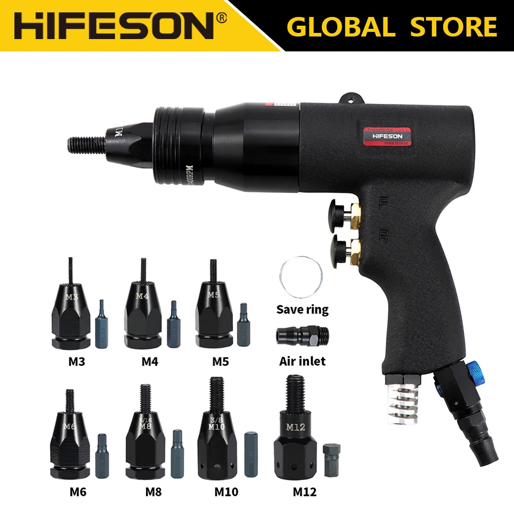 

HIFESON Pneumatic Air Rivet Gun Blind Riveting Gun Flat Nuts Riveter Rivnut Tool Kit For M3 M4 M5 M6 M8 M10 M12 Pull Nuts