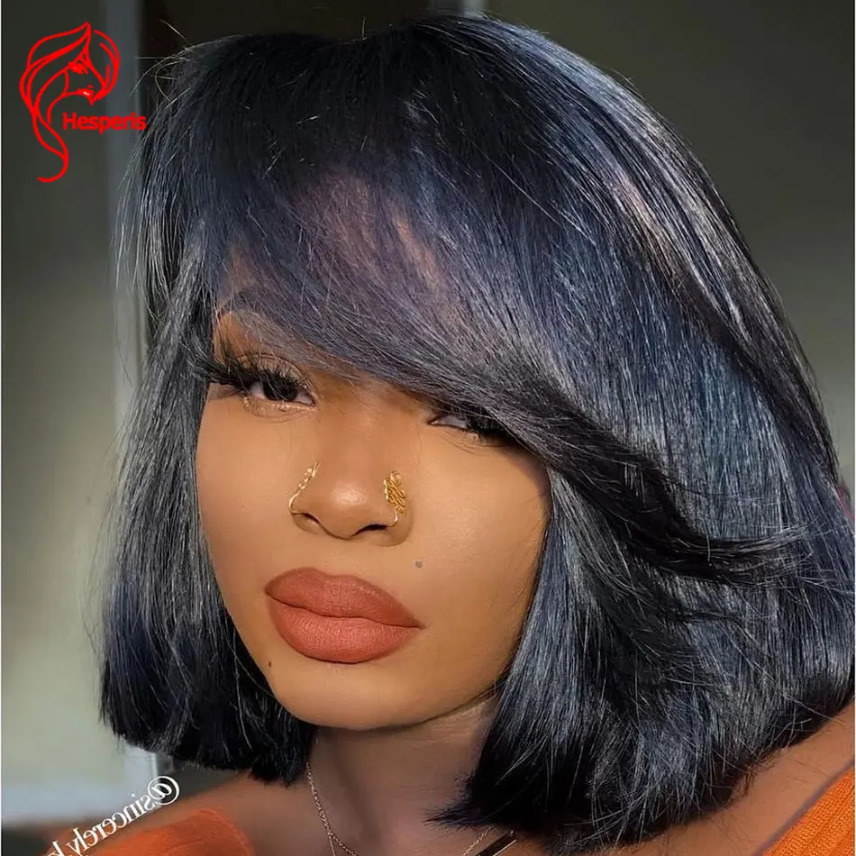 

Hesperis Short Bob Human Hair Wigs Natural Black 5.5x4.5 pu Silk Base Short Cut Wigs With Side Bang Brazilian Straight Bob Wigs