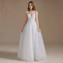 

100% Real Ivory Wedding Dresses Bling Lace Appliques Beaded Deep V Neck Simple Sleeveless A Line Floor Length Bridal Gowns