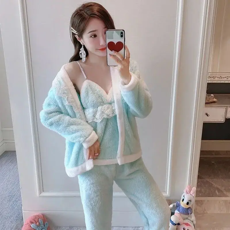 2024 Pajamas Women's Winter Set Flannel Thickened and Velvet Sexy and Cute Hanging Strap Coral Velvet Nightgown Three Piece Set